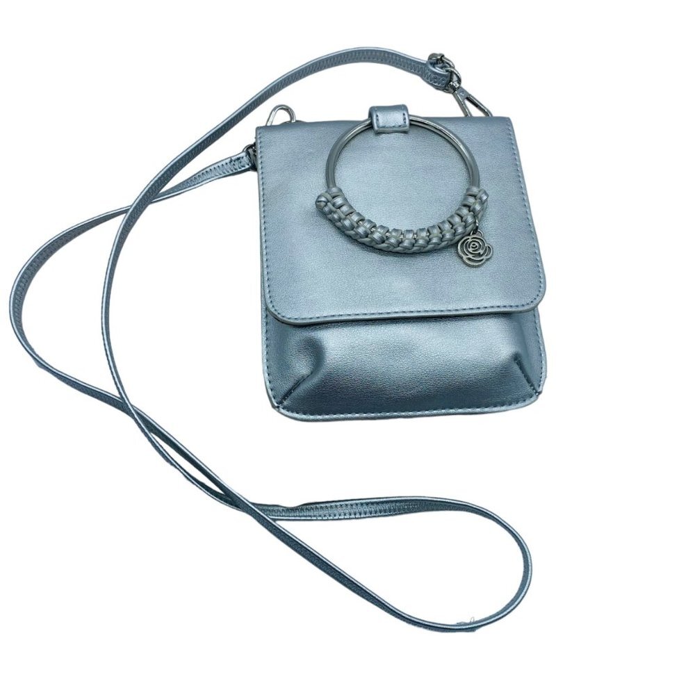 Carlos Santana Crossbody Purse Silver Rose Flower Metal Accent 6"x7" Strap 24"